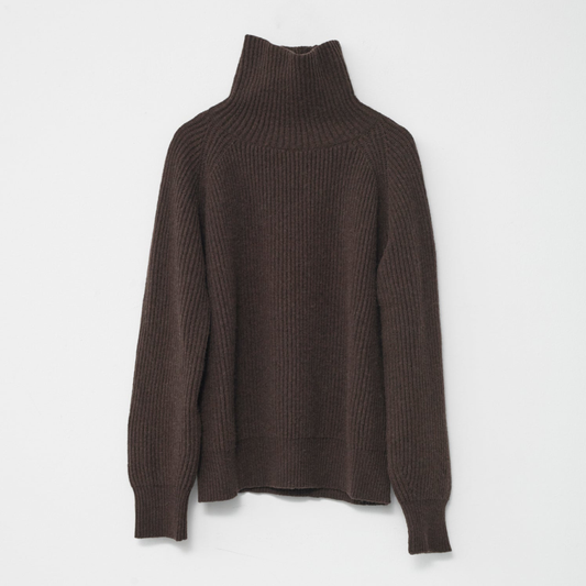 Shetland Wool Large Rib Crew-Neck Jumper, Brown