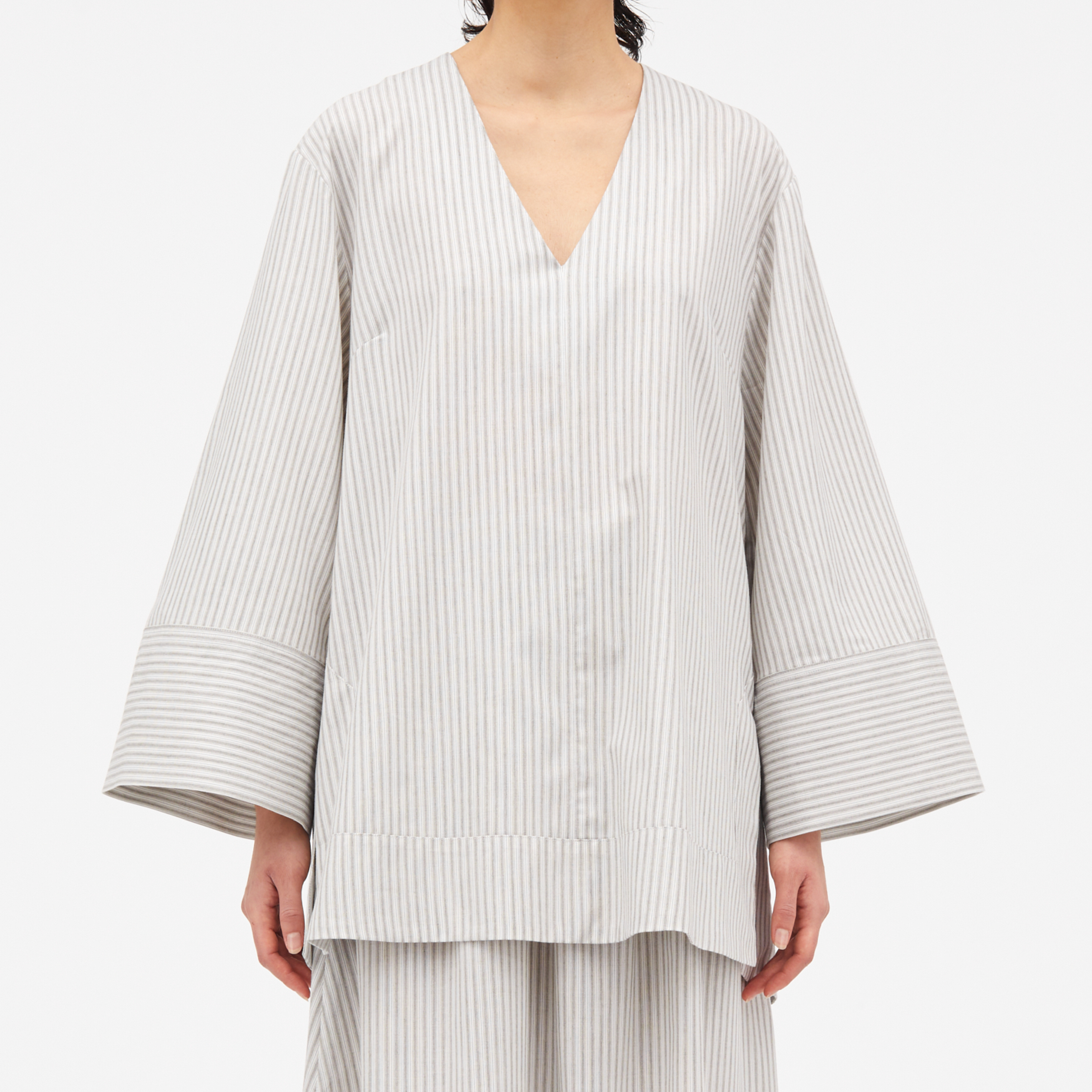 Belia Striped Cotton Skjorte, Ivory/Charcoal