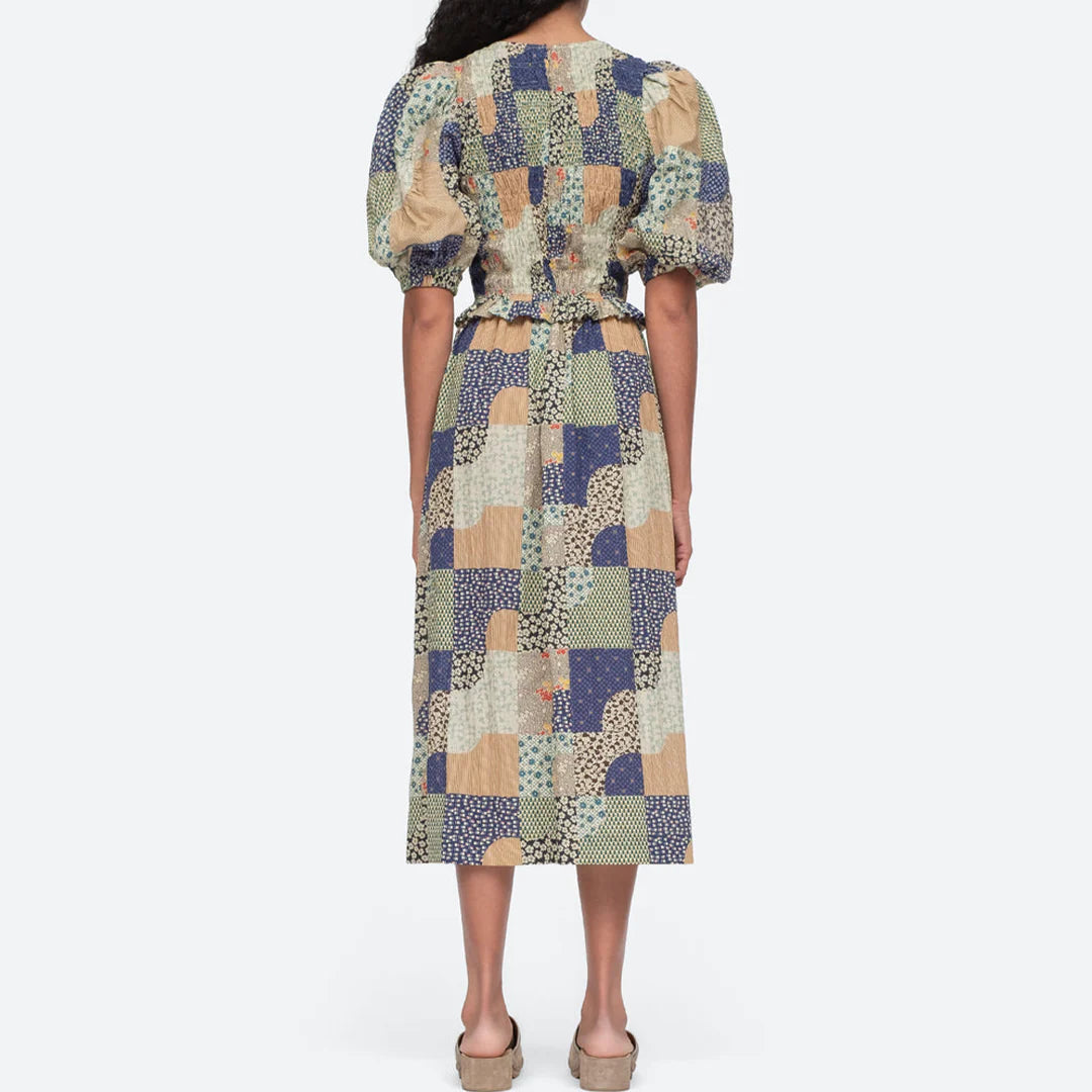 Louie Patchwork Puff Smocked Dress, Multi