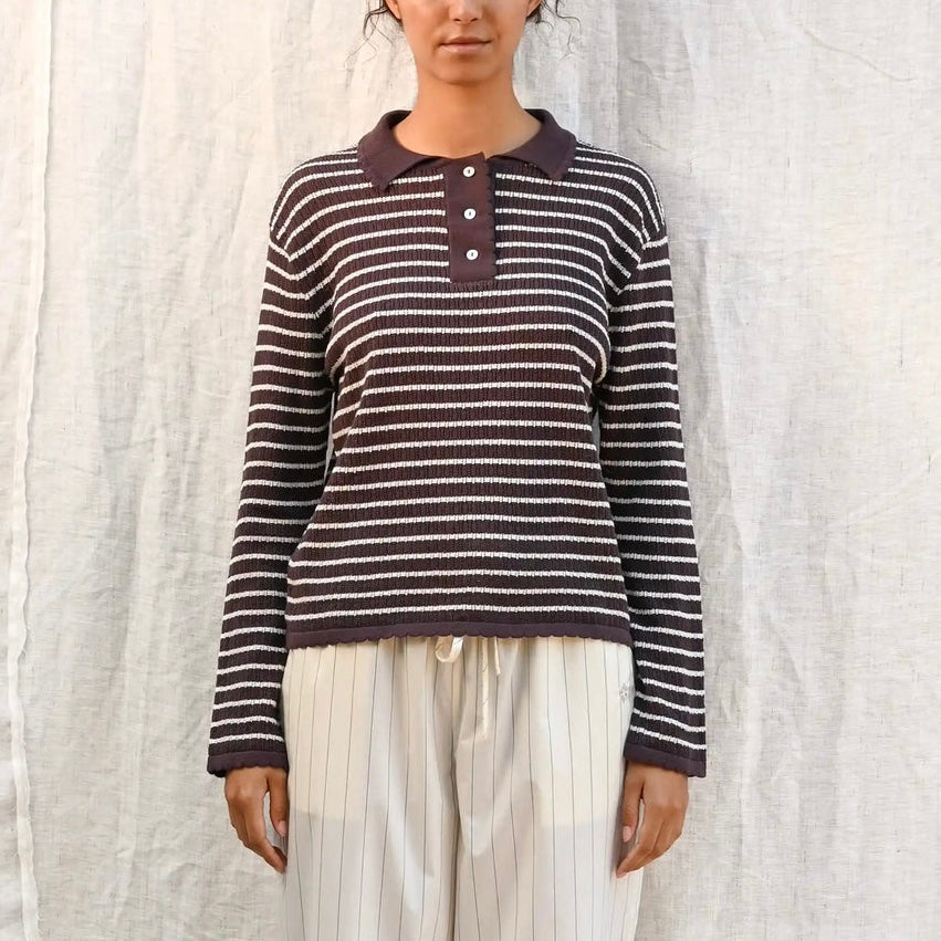 Nuria LS Polo, Chocolate/Off White
