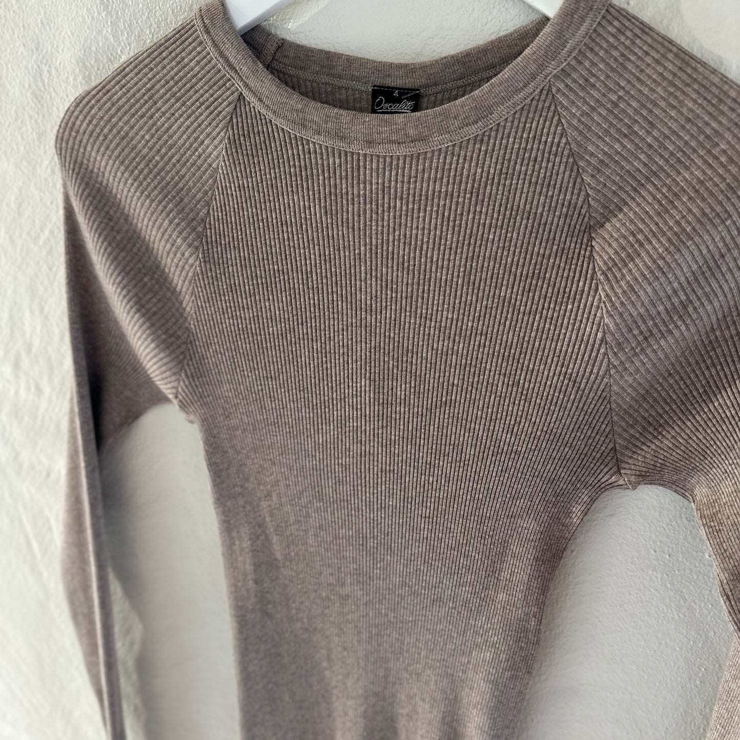 Bomuld Langærmet Rib Bluse, Beige 7161