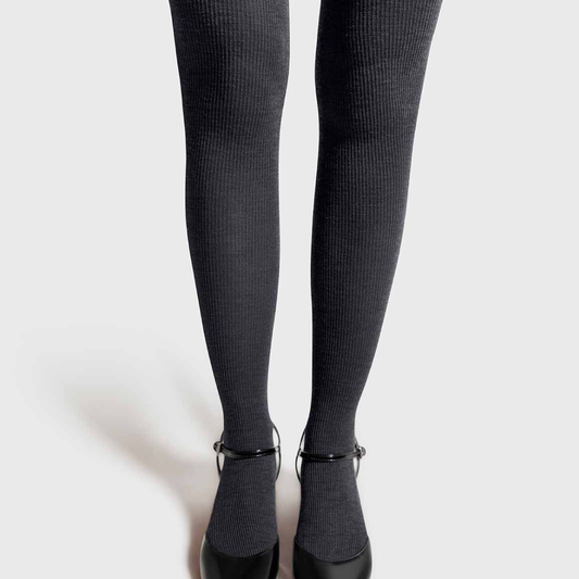 Merino Ribbed Tights, Anthracite