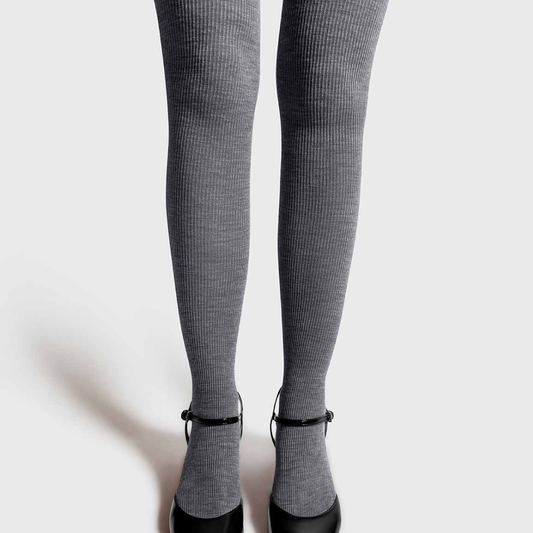Merino Ribbed Tights, Light Grey