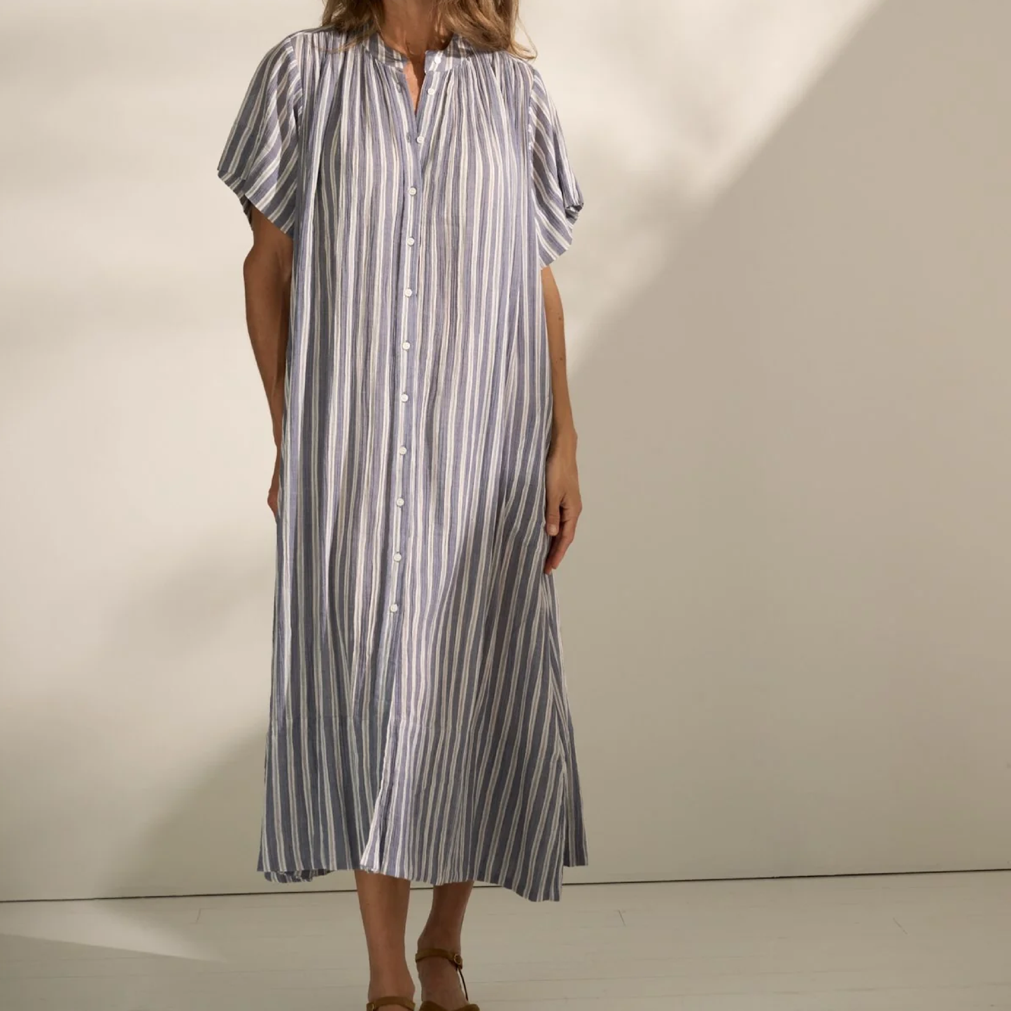 June Shirtdress Stripe, Sea Blue/Ecru