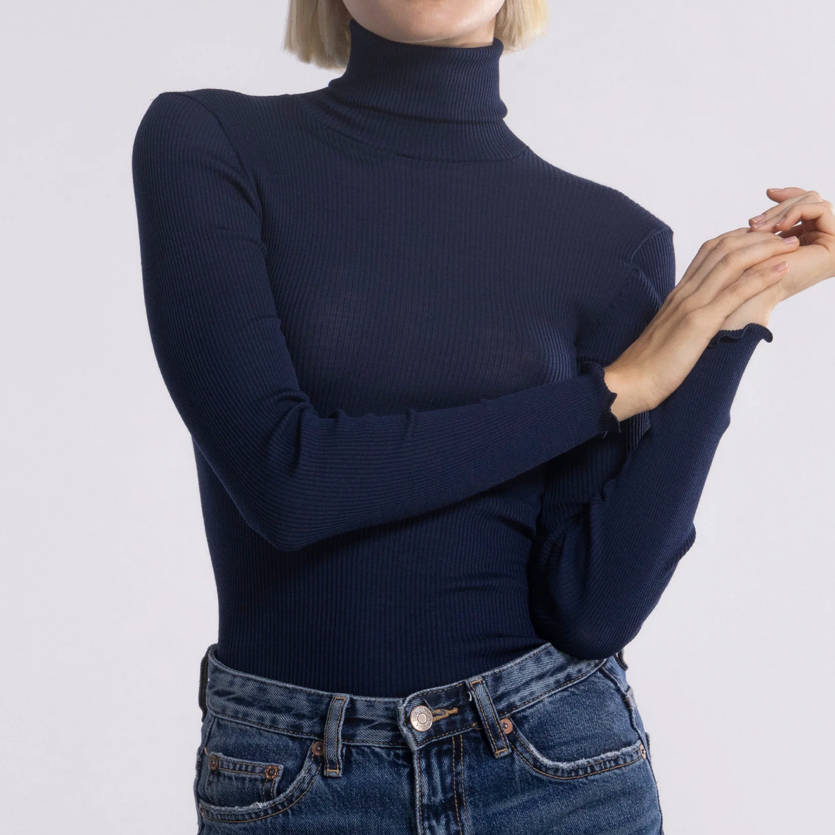 Uld & Silke Langærmet Rib Turtleneck Top, Navy 3438