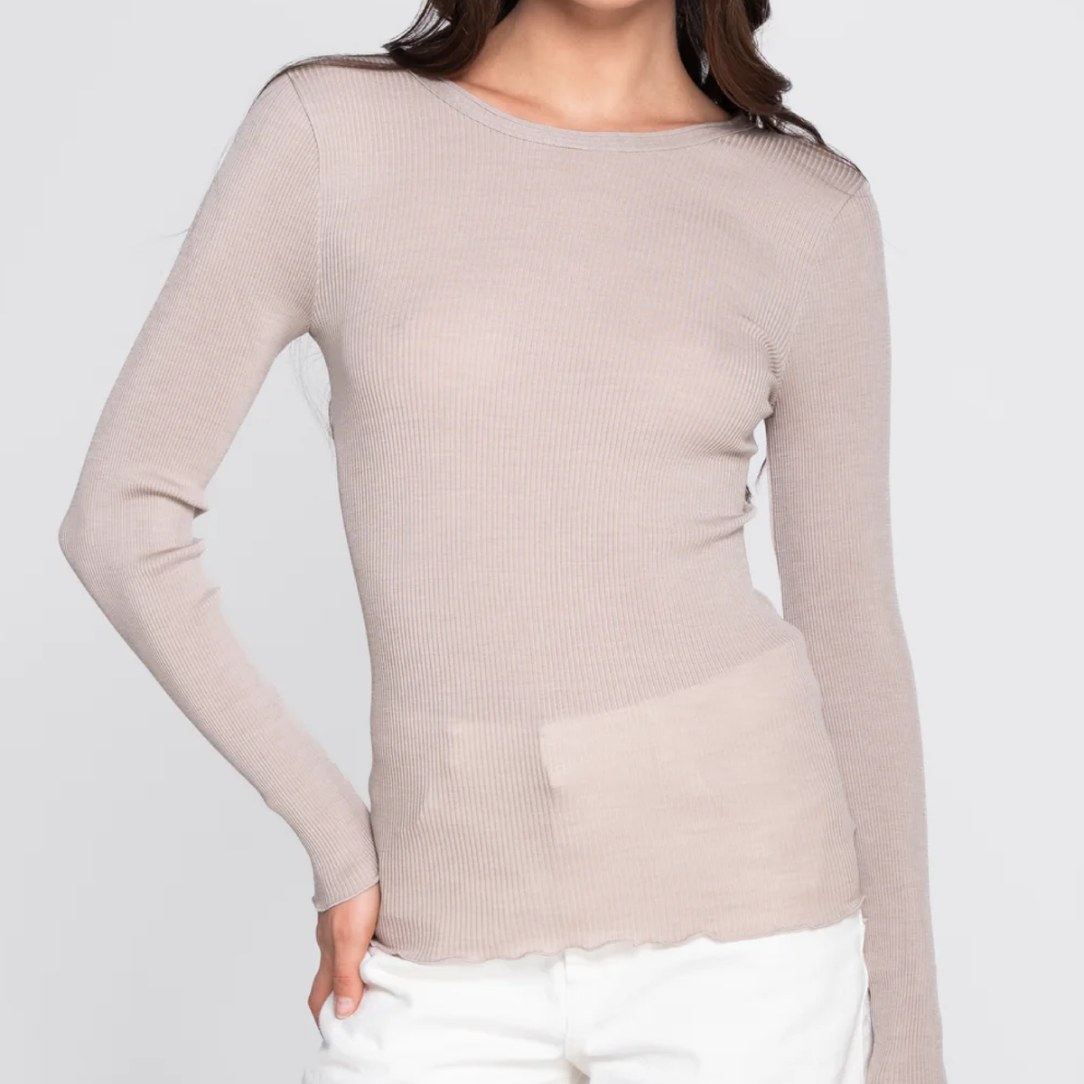 Uld & Silke Langærmet Rib Bluse, Beige 3446