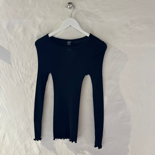 Uld & Silke Langærmet Rib Bluse, Sort 3446