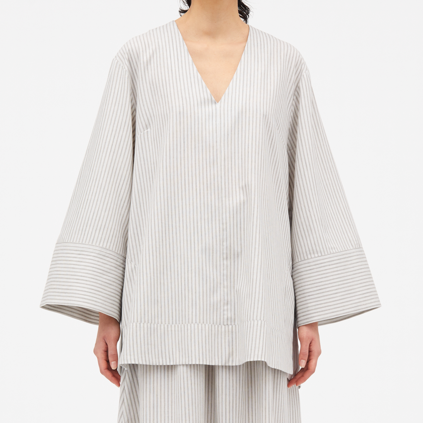 Belia Striped Cotton Skjorte, Ivory/Charcoal