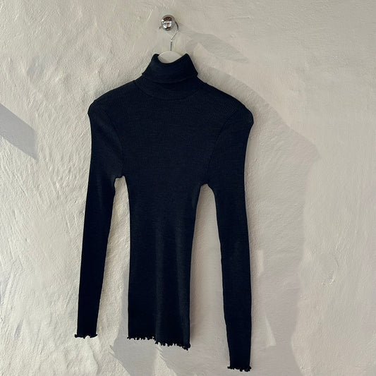 Uld & Silke Langærmet Rib Turtleneck Top, Grå 3438