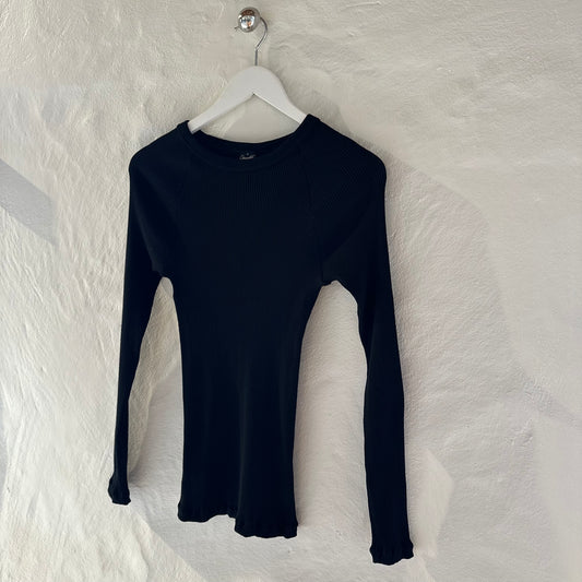 Bomuld Langærmet Rib Bluse, Sort 7161