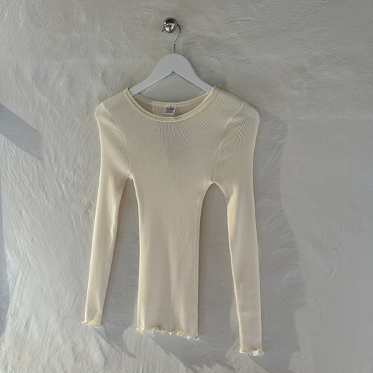 Uld & Silke Langærmet Rib Bluse, Ivory 3446