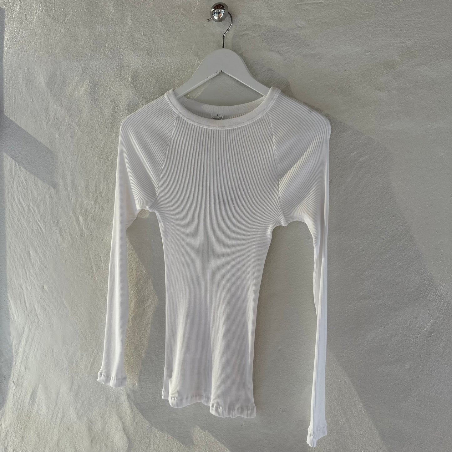 Bomuld Langærmet Rib Bluse, Hvid 7161
