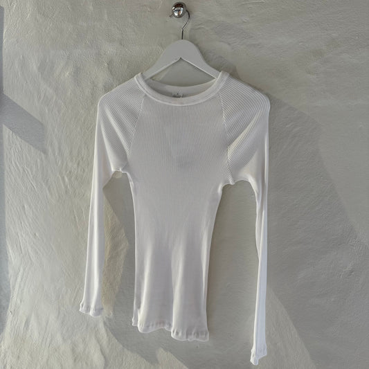Bomuld Langærmet Rib Bluse, Hvid 7161