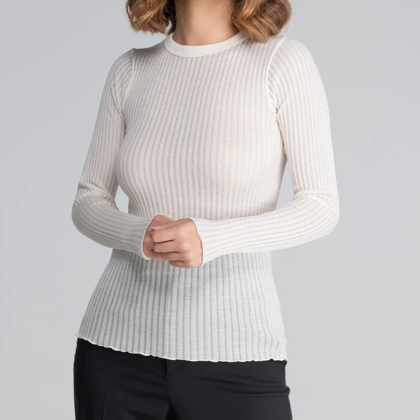 Uld & Silke Pointelle Langærmet Top, Ivory 7496