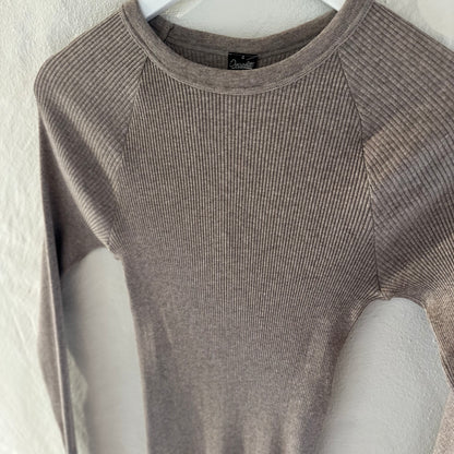 Bomuld Langærmet Rib Bluse, Beige 7161