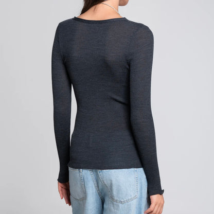 Uld & Silke Langærmet Rib Bluse, Mørkegrå 3446