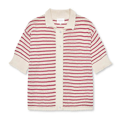 Lullu SS Polo Cardigan, Ecru/Berry
