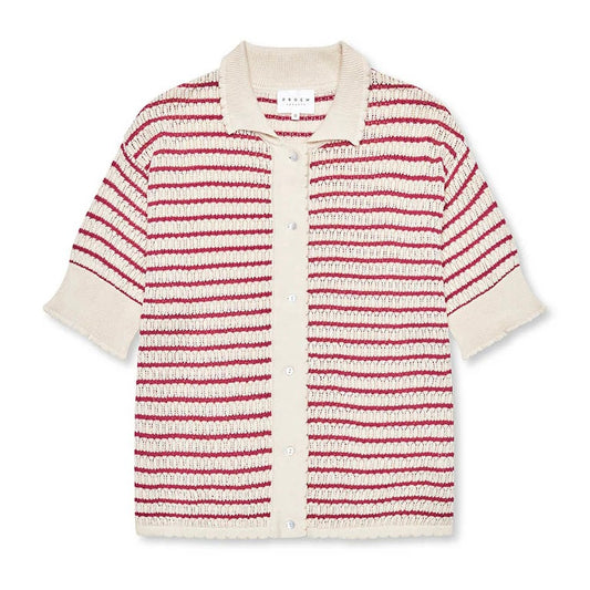 Lullu SS Polo Cardigan, Ecru/Berry