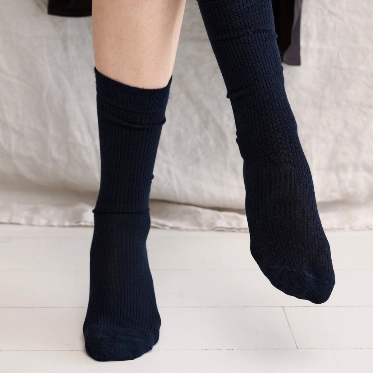 Silky Rib Socks, Dark Navy