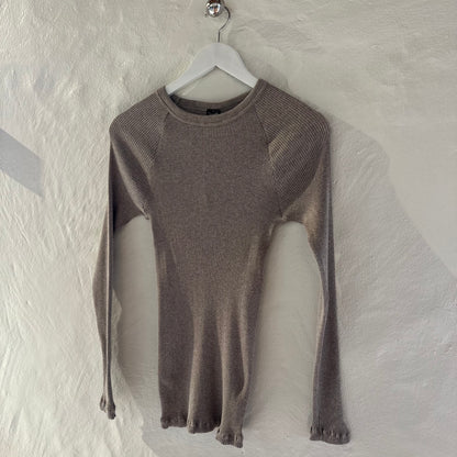 Bomuld Langærmet Rib Bluse, Beige 7161