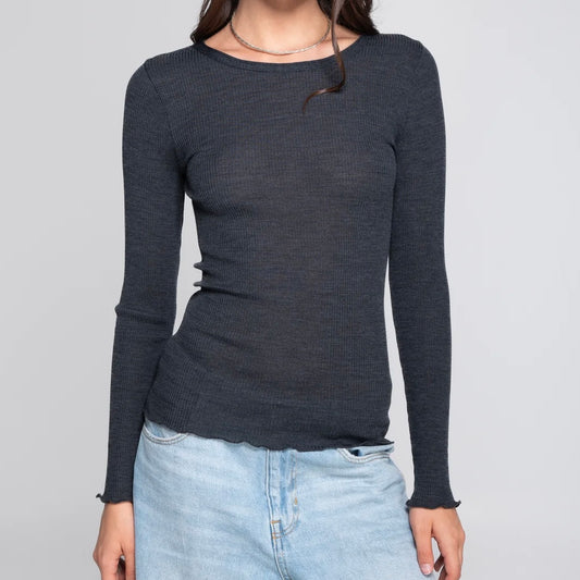 Uld & Silke Langærmet Rib Bluse, Mørkegrå 3446