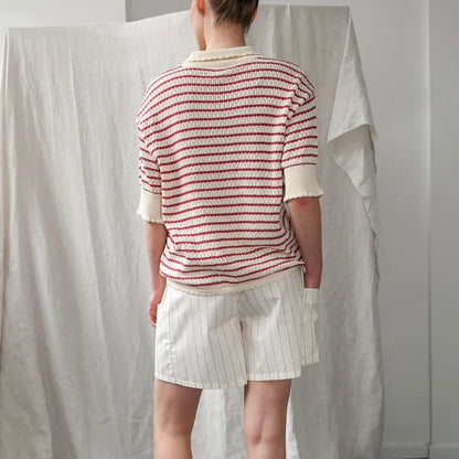 Lullu SS Polo Cardigan, Ecru/Berry