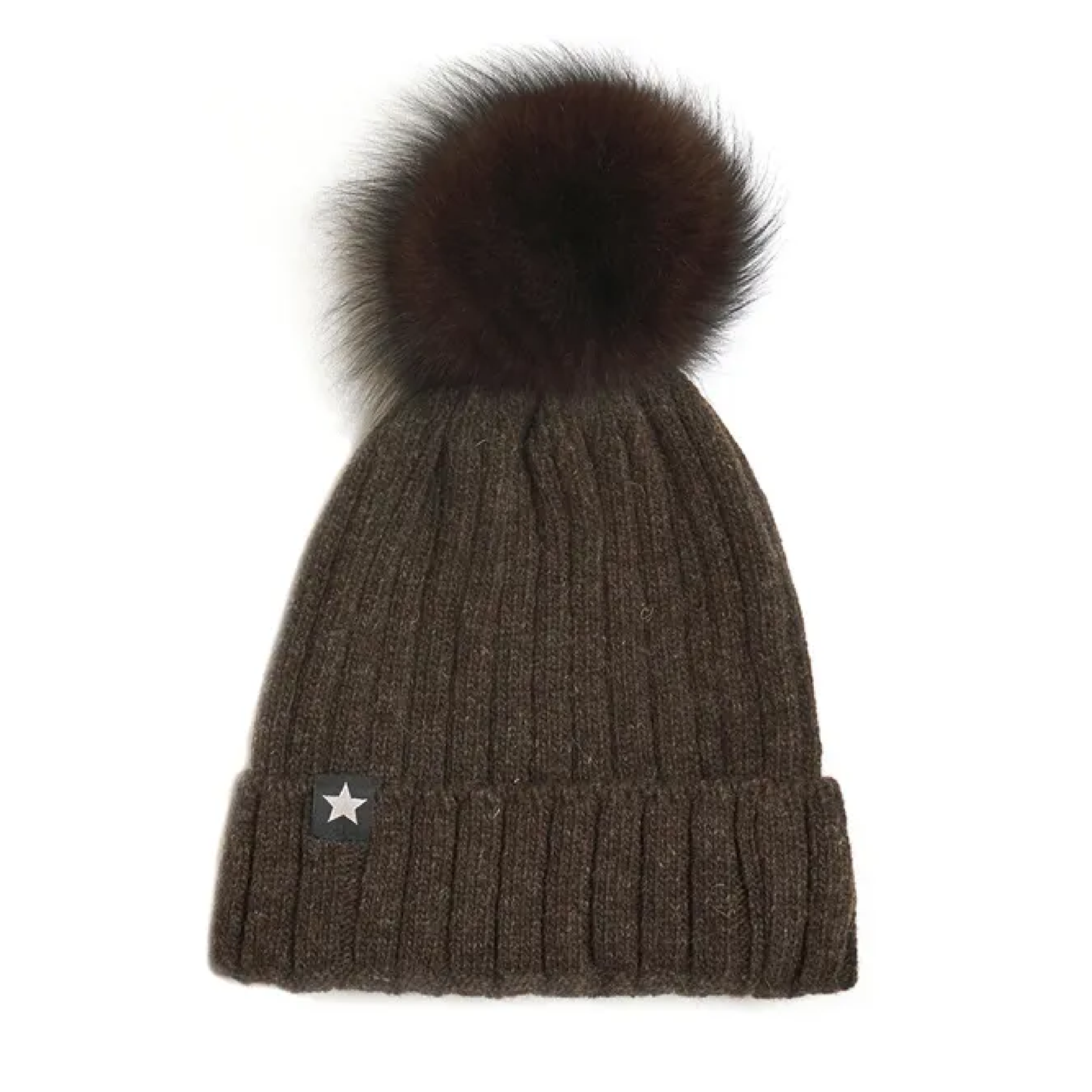 Hat Knit Alpaca Pompom, Brown