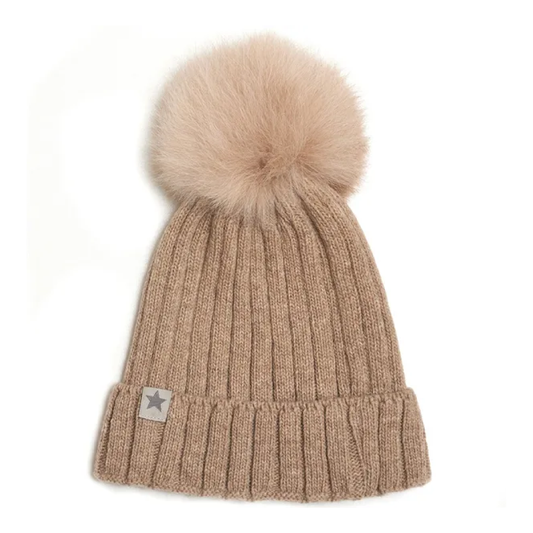 Hat Knit Alpaca Pompom, Sand