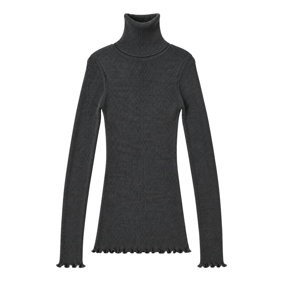 Uld & Silke Langærmet Rib Turtleneck Top, Grå 3438