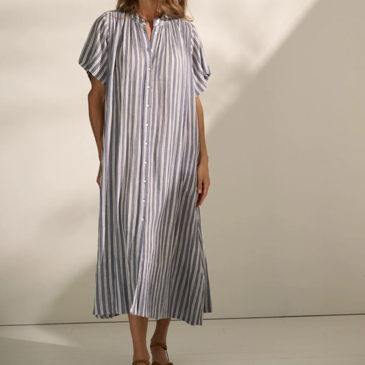 June Shirtdress Stripe, Sea Blue/Ecru