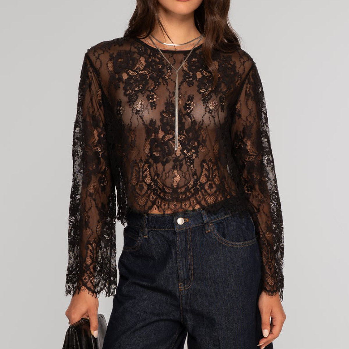 Allover Lace Langærmet, Black 7834