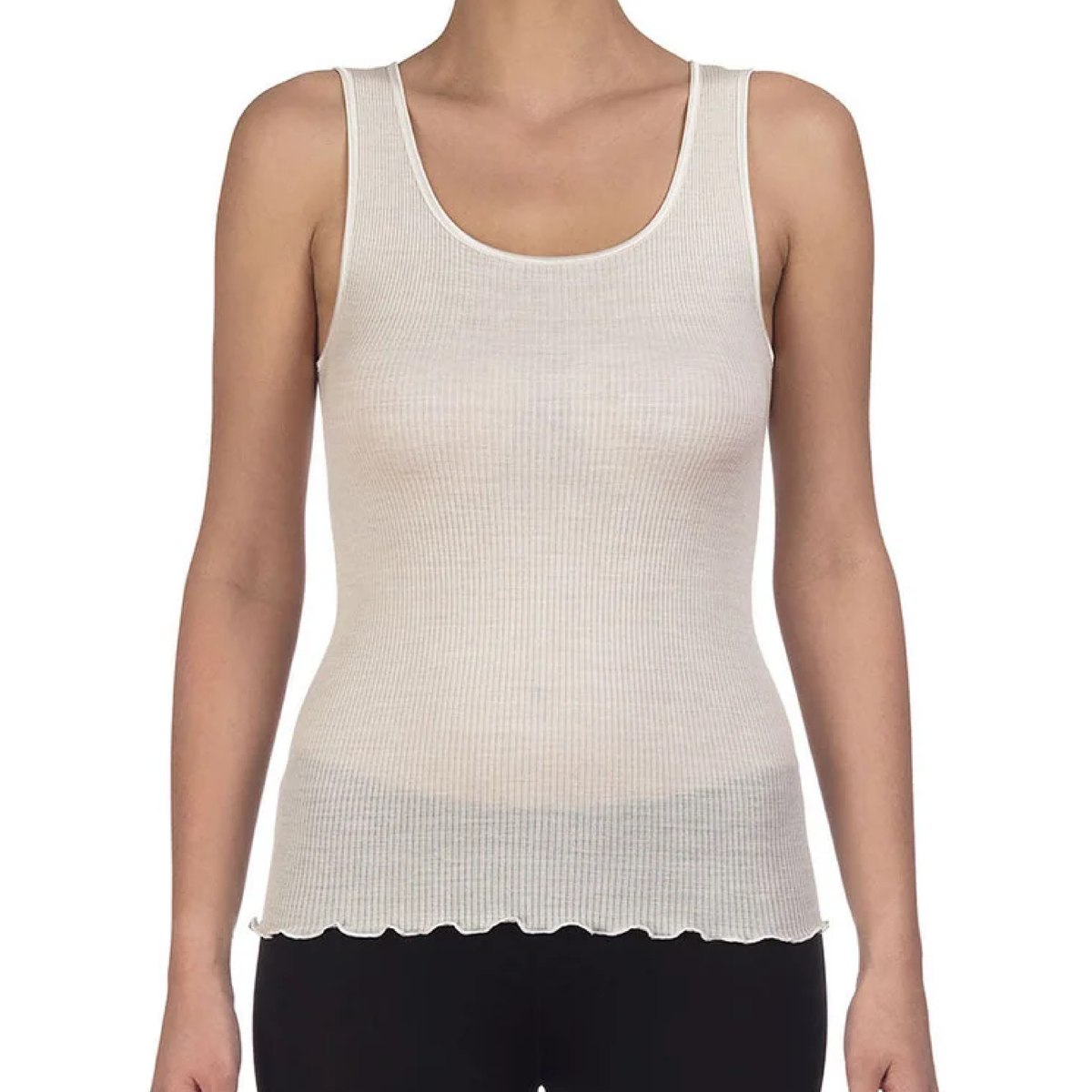 Uld & Silke Tank Rib Satin Trim Top, Ivory 3422