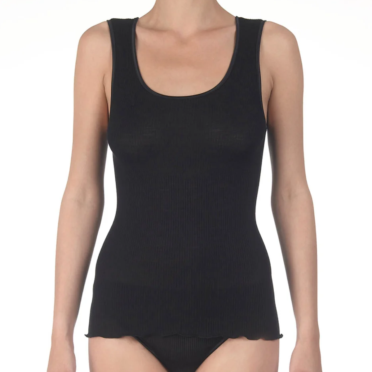 Uld & Silke Tank Rib Satin Trim Top, Black 3422