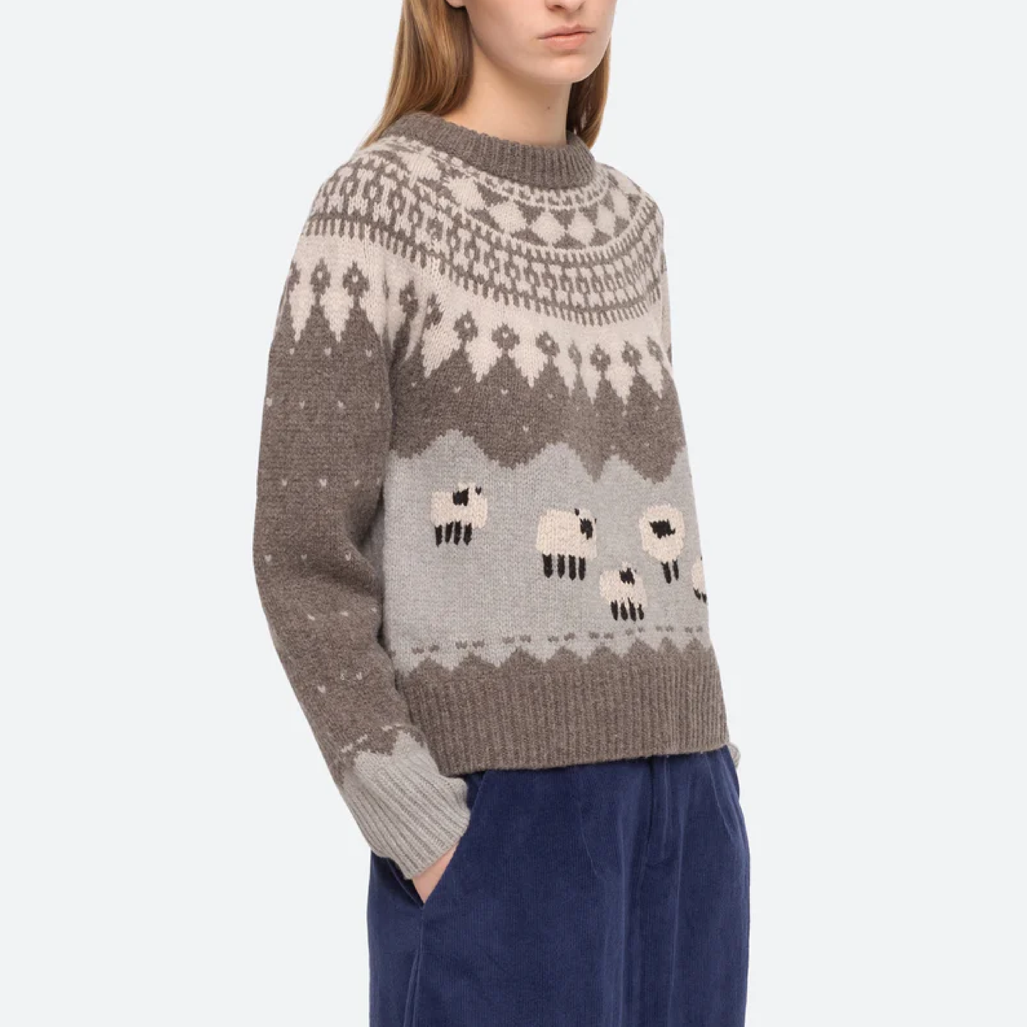 Anja Sheep Knit Raglan Sweater, Grey