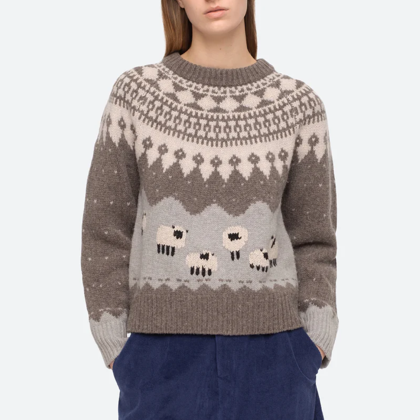Anja Sheep Knit Raglan Sweater, Grey