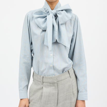 Dalia Bow Shirt, Tiny Blue Stripe